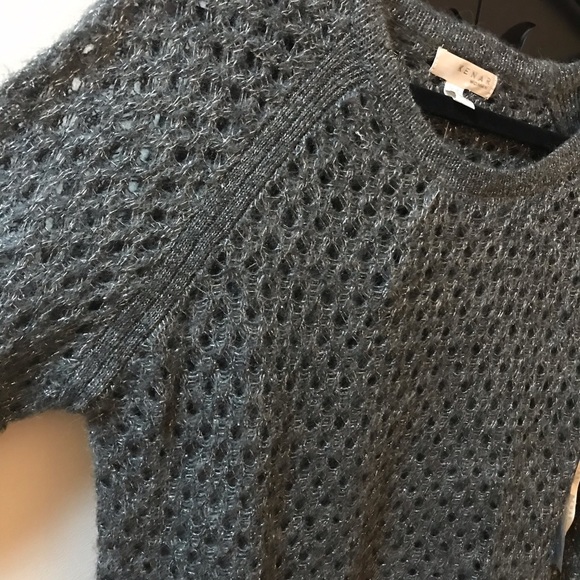 Grey & silver open knit round neck long sweater. - Picture 3 of 6